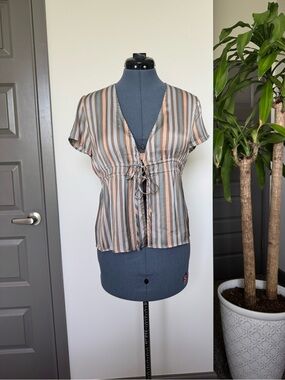 NWT Saltwater Luxe Striped Tie-Front Short Sleeve Top - Beige/Blue